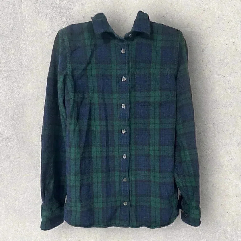 LL Bean blue Green long sleeve flannel button up shirt size M cotton